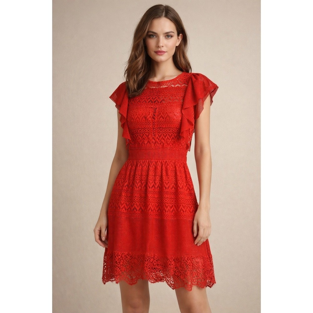 Liu Jo Milano Flame Red Crochet Lace Ruffle Fit & Flare Dress US 4 Italian
